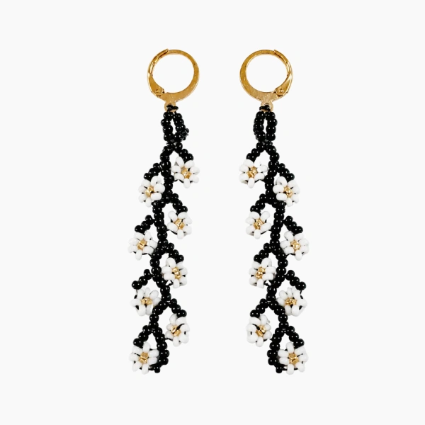 aretes flores negro blanco largo