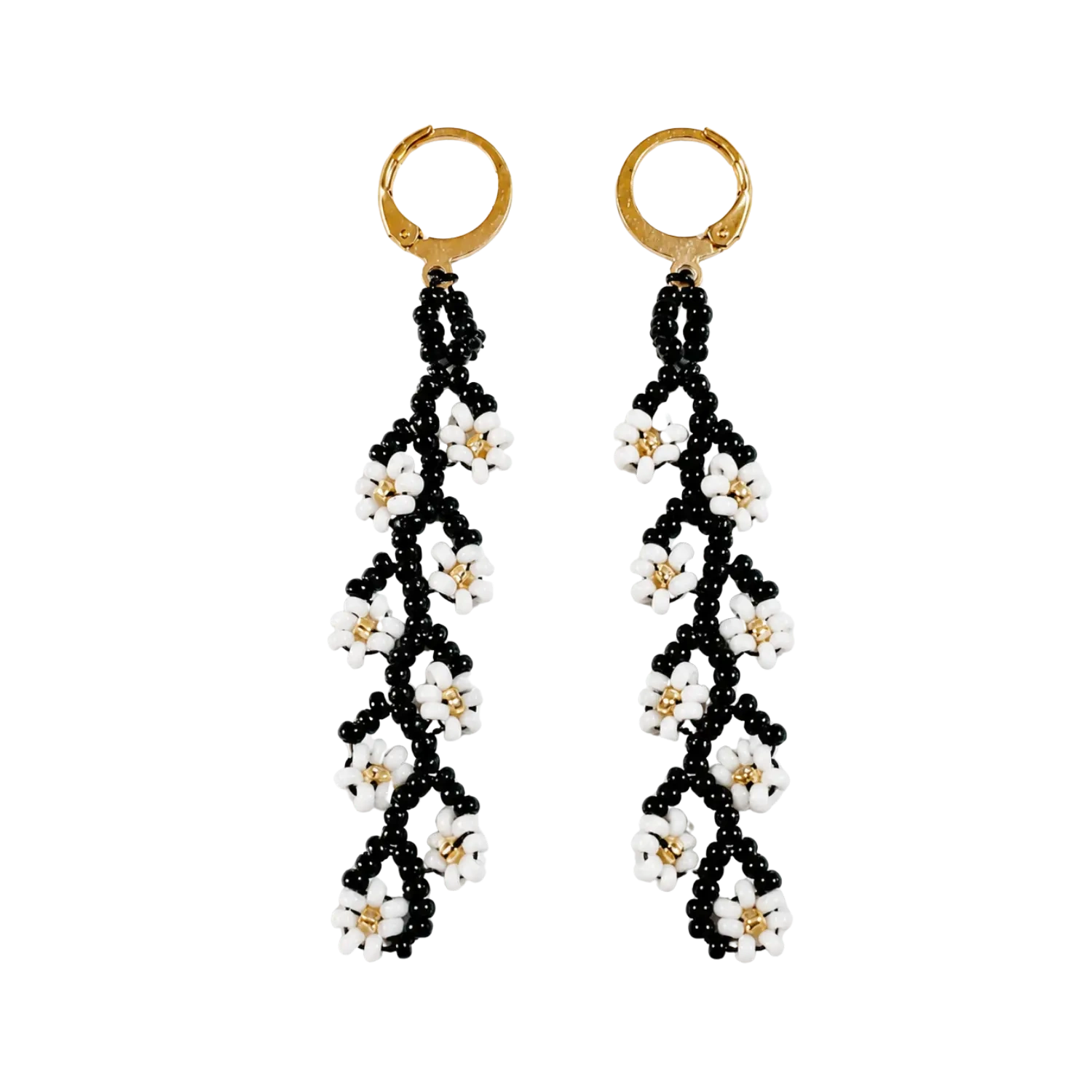 Aretes Largos Flores Blanco y Negro