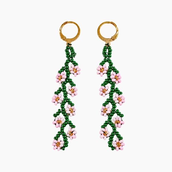 aretes flores verde rosa largo