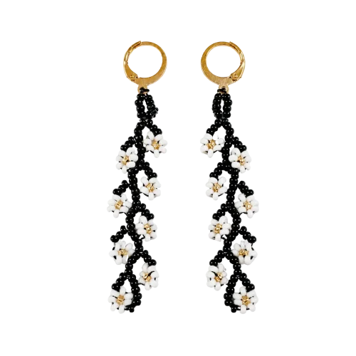 Arete flores blanco – negro largo